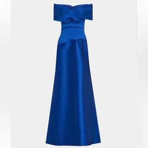 Rickie Freeman for Teri Jon Stretch Mikado Portrait Draped A-line Gown Blue Sz 4